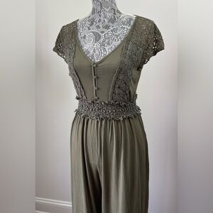 American Eagle Dark Green Bohemian Jumpsuit with Crochet Waist